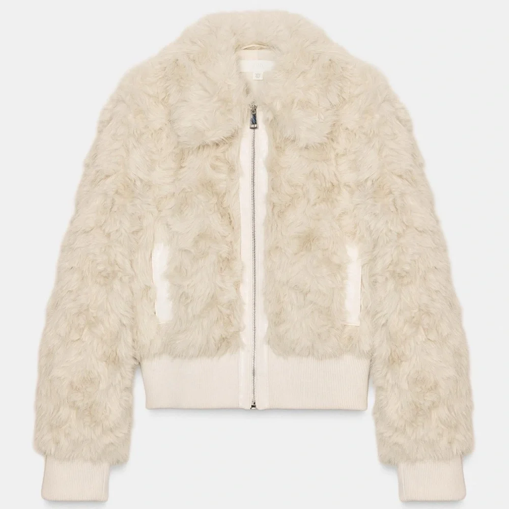 Zara Faux Fur Bomber NWT Jacket Ecru 3046/028/712 Cream XS mob wife old money - Picture 5 of 17